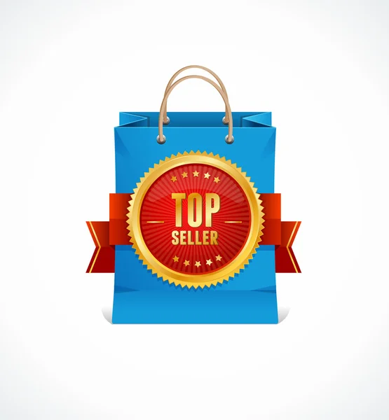 Bolso de papel vectorial y etiqueta dorada Top Seller — Vector de stock