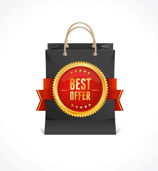 Bolso de papel vectorial y etiqueta de oro Mejor oferta — Vector de stock