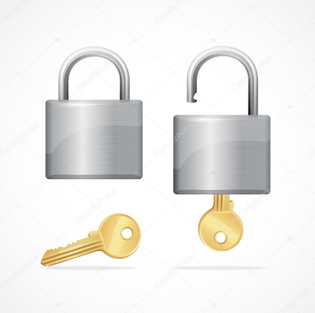 Vector locked and unlocked padlock gold