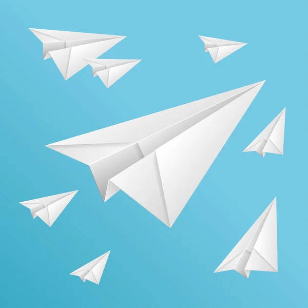 White paper planes on blue sky — Stock Vector