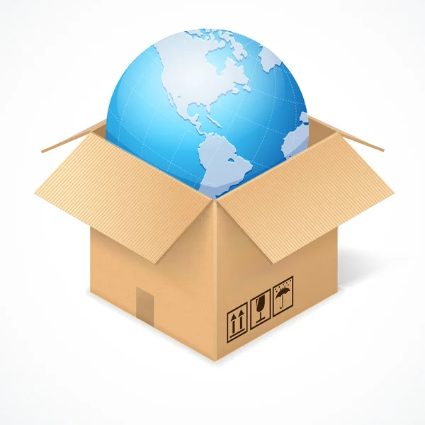 Opened cardboard box and globe, isolated on white — Stock Vector