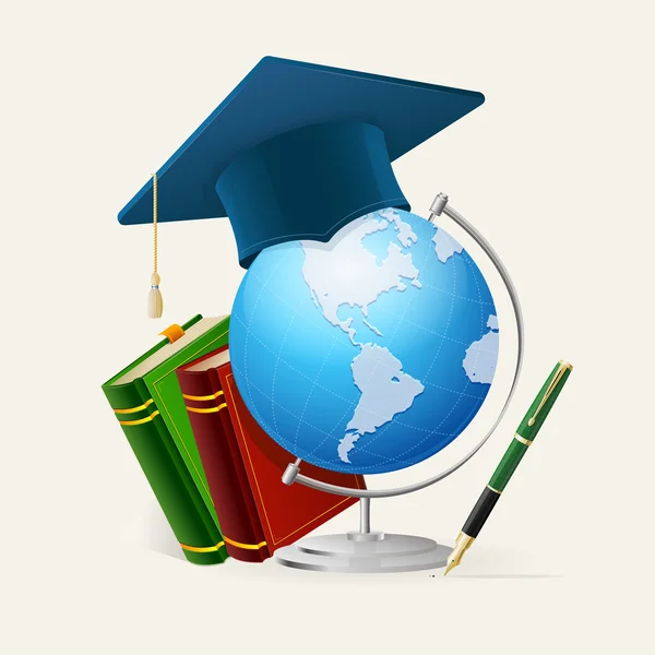 Graduation cap, stack of books, globe, and pen. — Stock Vector