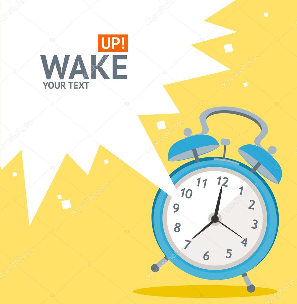 Vector blue wakeup clock card. Flat Design