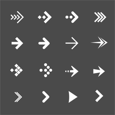 Vektör beyaz okları bir siyah arka plan üzerinde ayarlayın. Düz tasarım