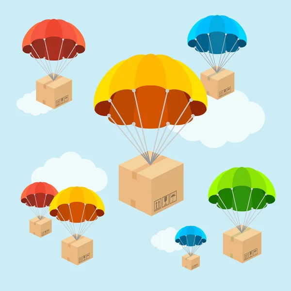 Paracaídas vectoriales vuelan con nubes. Diseño plano — Vector de stock