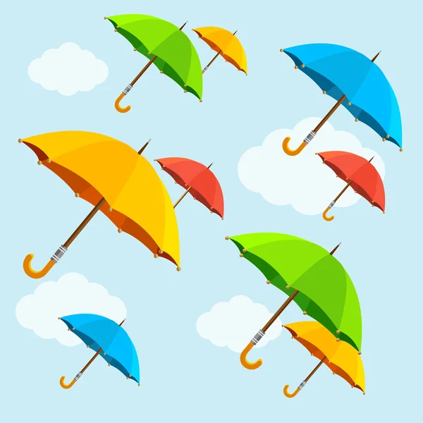 Vector colorful umbrellas fly with clouds. Flat Design — Stock Vector