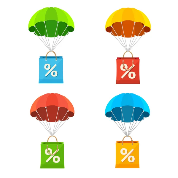 Vector colorful parachute with paper bag sale icon set — Stock Vector