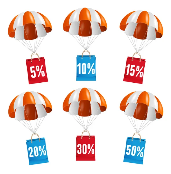 Vector red and white parachute with paper bag sale. — Stock Vector