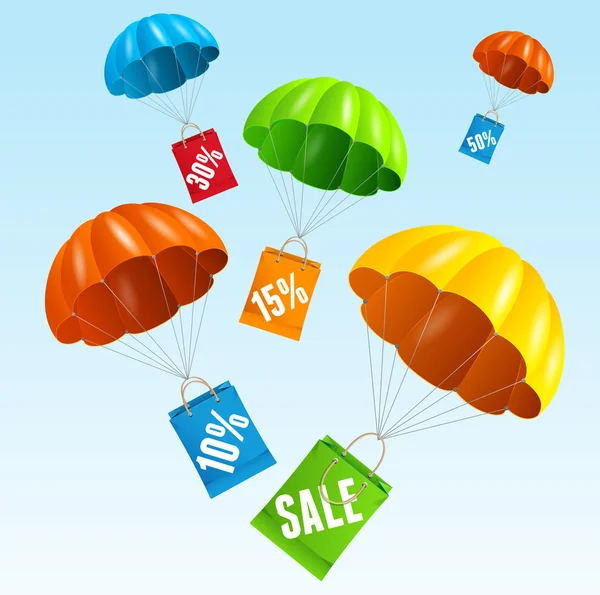 Paracadute vettoriale con sacchetto di carta in vendita nel cielo — Vettoriale Stock