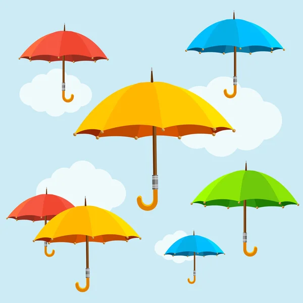 矢量五颜六色的雨伞飞背景。平面设计风格 — 图库矢量图片