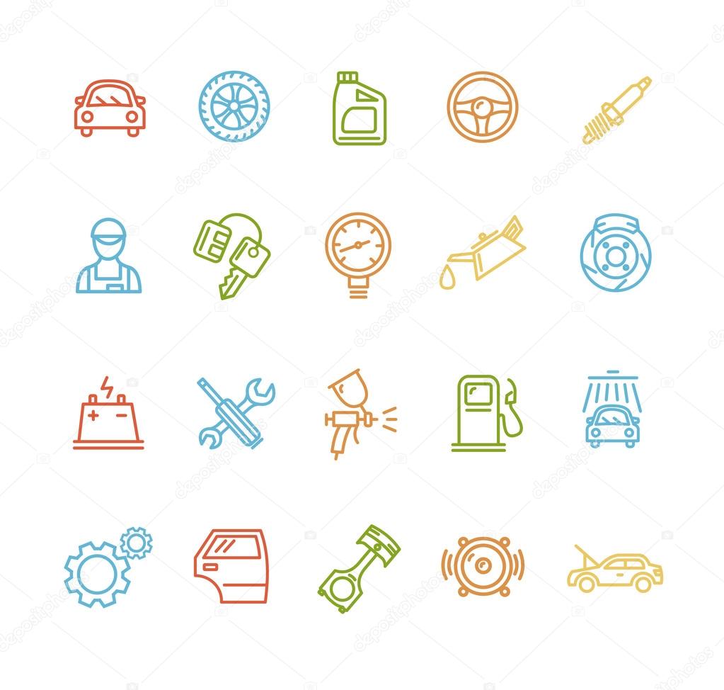 Car Service Outline Colorful Icons Set. Vector