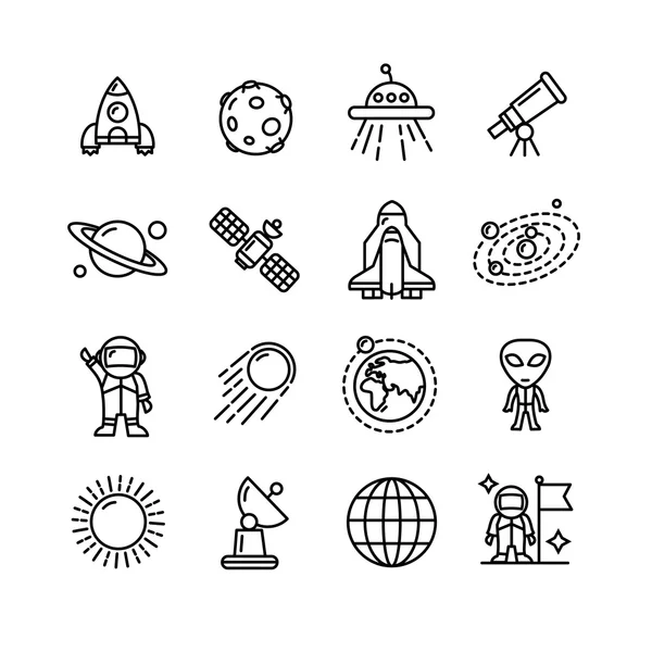 Esquema de espacio Conjunto de iconos en blanco y negro. Vector — Archivo Imágenes Vectoriales