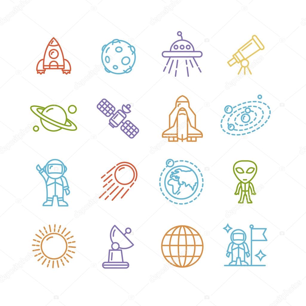 Spase Outline Colorful Icons Set. Vector