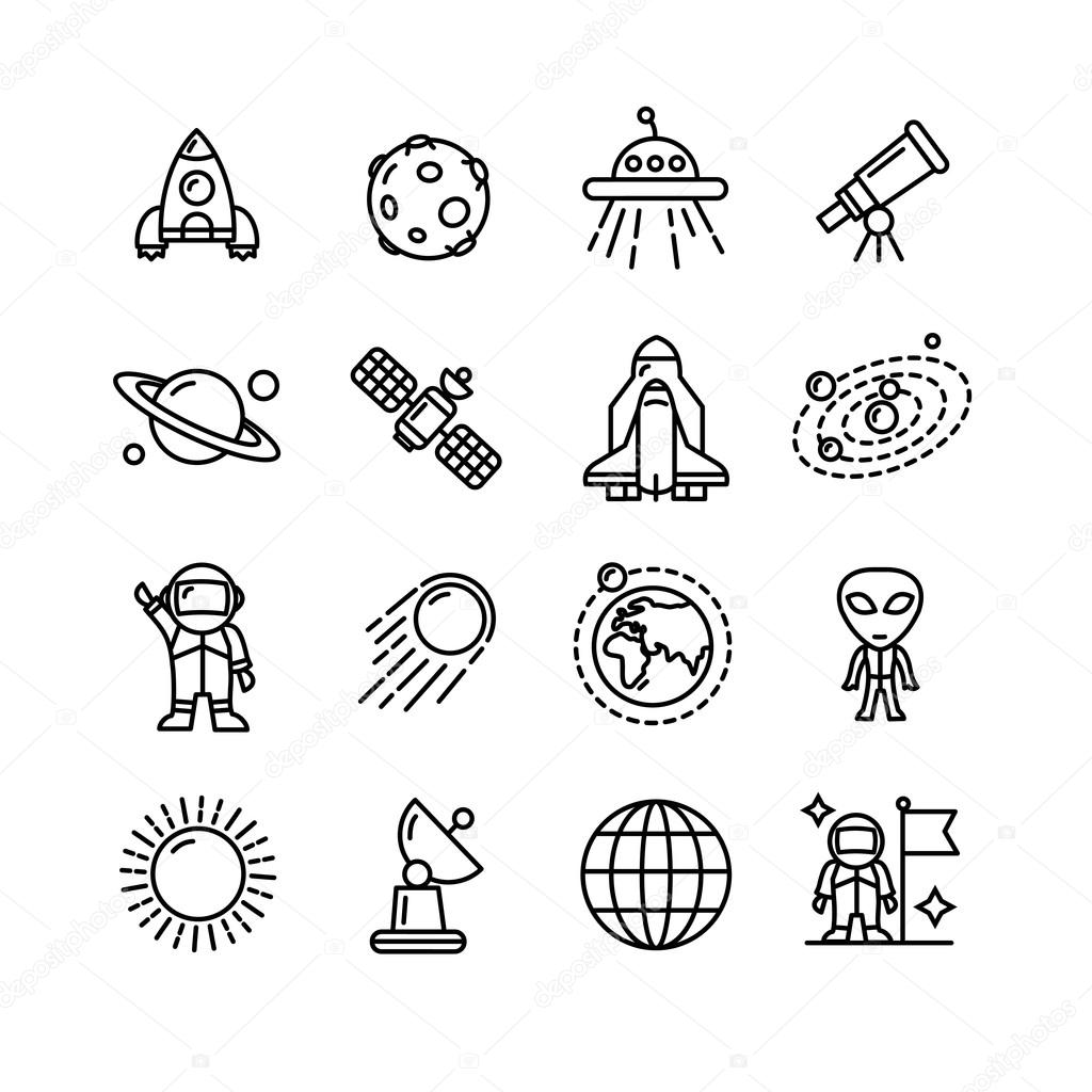 Spase Outline Black and White Icons Set. Vector