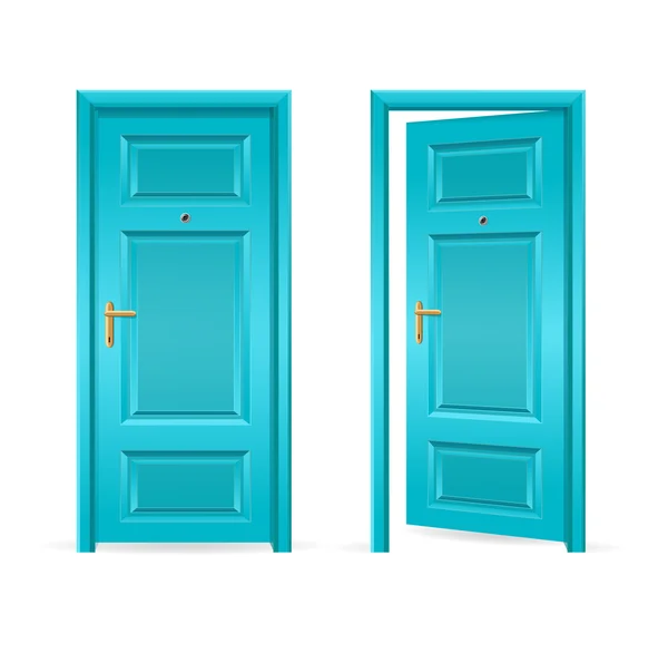 Puerta azul abierta y cerrada. Vector — Vector de stock