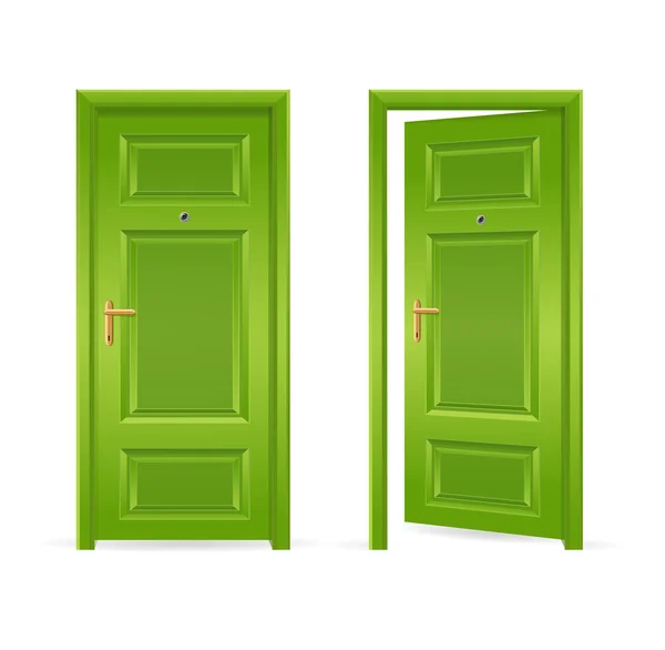 Puerta verde abierta y cerrada. Vector — Vector de stock