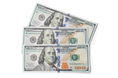 Üç banknot 100 Amerikan doları nakit para beyaz arka planda izole. Amerikan Doları 100 banknot