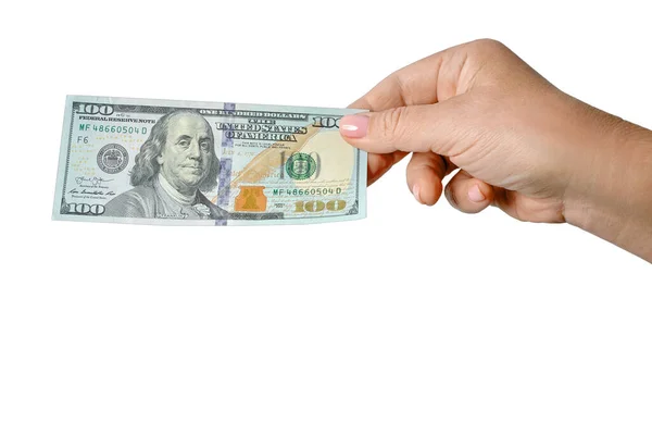 Female Hand Holds Banknote 100 American Dollars Cash Isolated White — Stock Photo, Image