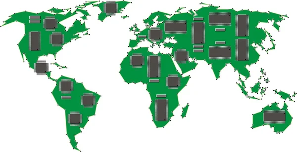 Mappa del mondo con chip per computer — Vettoriale Stock