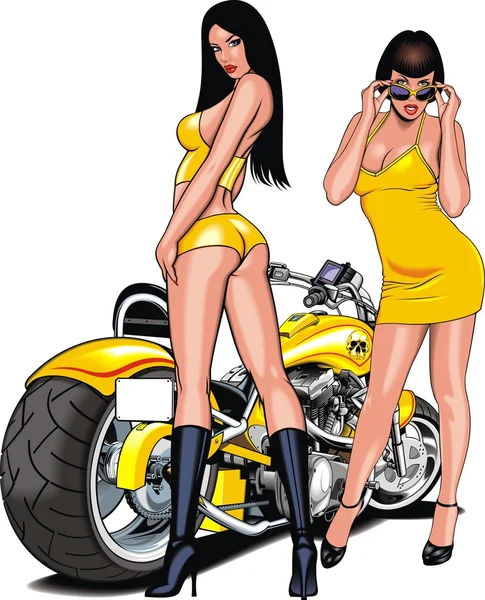 Two girls and my original design motorbike — Stock Vector