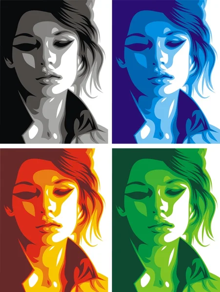 Belle tête de femme en quatre couleurs — Image vectorielle