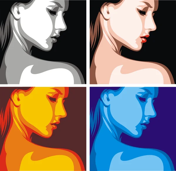 Schöner Frauenkopf in vier Farben — Stockvektor