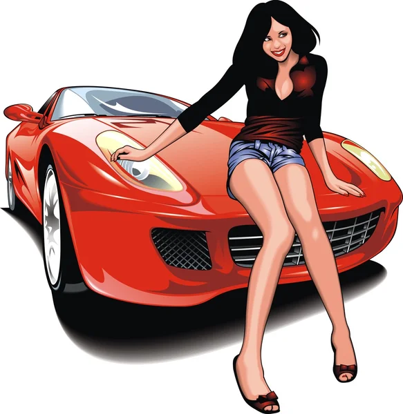 Menina agradável e meu carro de design original — Vetor de Stock