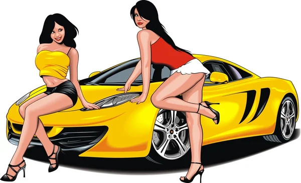 Chicas agradables y mi coche deportivo diseñado original — Vector de stock