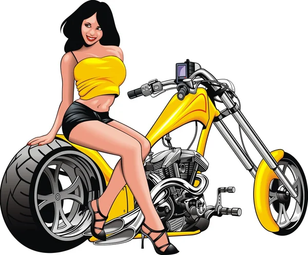Trevlig tjej och min ursprungliga designade motorcykel — Stock vektor