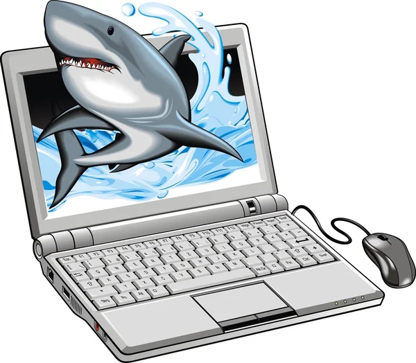 Anteckningsbok med haj på skärmen — Stock vektor