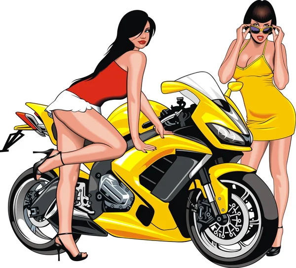 Meninas agradáveis e moto —  Vetores de Stock