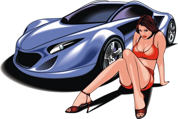 私のオリジナル デザインの車と素敵な女性 — ストックベクタ