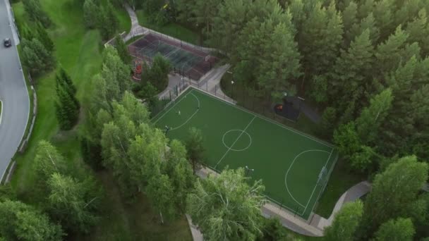 Αεροφωτογραφία των γηπέδων ποδοσφαίρου και μπάσκετ. Τα παιδιά παίζουν ποδόσφαιρο. Αθλητικοί χώροι περιτριγυρισμένοι από δέντρα. Ηλιαχτίδα. Περιοχή πάρκου. — Αρχείο Βίντεο