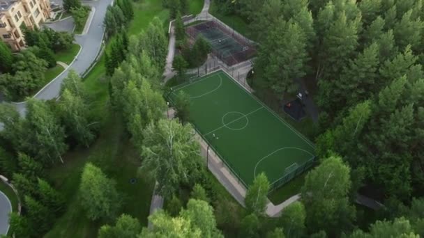 Luchtfoto van de voetbal- en basketbalvelden. Sportvelden omgeven door bomen. Een gezonde levensstijl. Park gebied. — Stockvideo