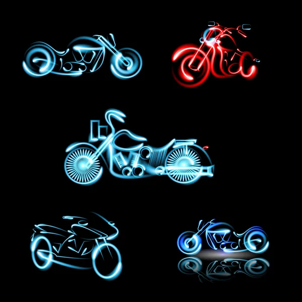 Conjunto de motos de néon brilhante —  Vetores de Stock