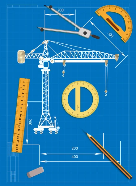 Engineering drawing on a blue background and tools to measure — Stock Vector