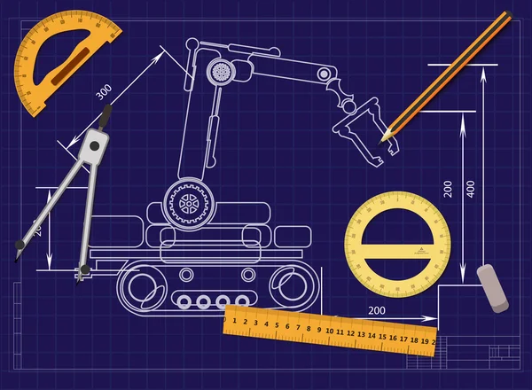 Engineering drawing on a blue background and tools to measure — Stock Vector