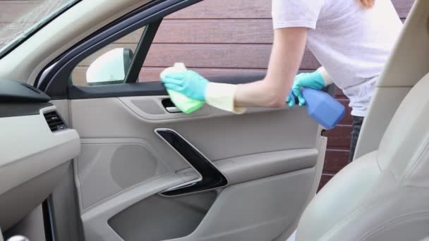 Limpieza y limpieza de las puertas del coche y asas de polvo y suciedad. Cuidado del coche — Vídeo de stock