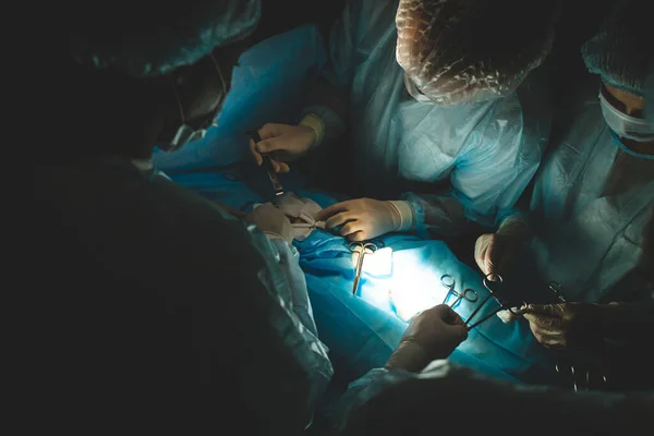 Uma equipe profissional internacional de cirurgiões, assistentes e anestesiologistas realiza uma operação complexa em um paciente sob anestesia geral. Tema de fotografia atmosférica escura em tecla baixa. — Fotografia de Stock