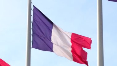 Mavi gökyüzüne karşı rüzgarda dalgalanan Fransız ulusal bayrağı