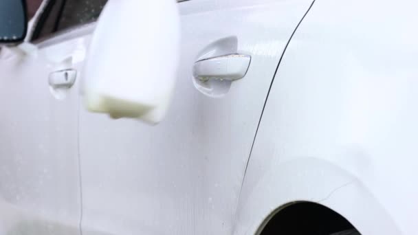 Manuelle Autowäsche: Ein Mann wäscht seine Limousine mit einem speziellen Shampoo. Spülmittel auf die Oberfläche eines Autos sprühen. Fahrzeugpflege — Stockvideo