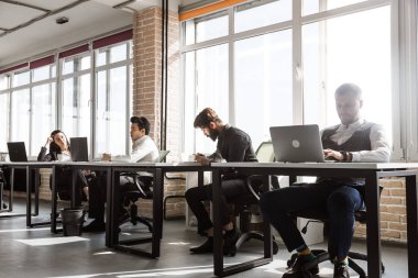 Gündelik giyinen genç iş adamları ofiste birlikte çalışıyorlar. Ekip iş başında.