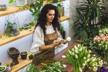 Çekici genç bayan çiçekçi bir çiçekçide çalışıyor..