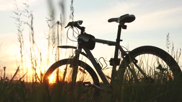 Reser med cykel. En silhuett av en cykel står i ett fält bland gräs på en solnedgång bakgrund. Mjukt gyllene fyllnadsljus — Stockvideo
