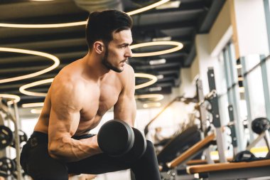 Spor salonunda dambıllarla egzersiz yapan yakışıklı, genç bir vücut geliştirici.