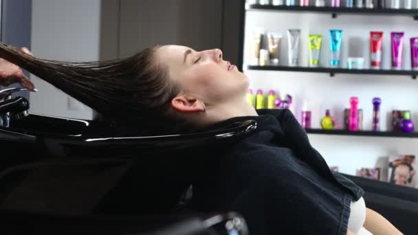 Maestra peluquera mujer aplica cuidadosamente un acondicionador especial para el cabello después de lavar la cabeza de las niñas en un salón de belleza. — Vídeos de Stock