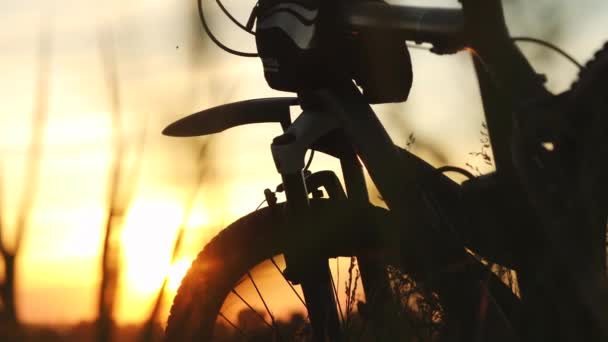 Reser med cykel. En silhuett av en cykel står i ett fält bland gräs på en solnedgång bakgrund. Mjukt gyllene fyllnadsljus — Stockvideo