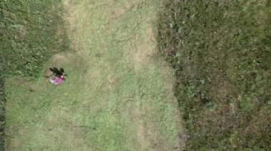 Zaman atlamalı hava görüntüleri çiftçinin tarımsal alanda çim biçme makinesiyle çim biçtiğini gösteriyor.