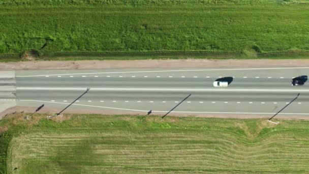 Zdjęcia dronów z autostrady z przejeżdżającymi samochodami i ciężarówkami. Widok z góry płaski — Wideo stockowe