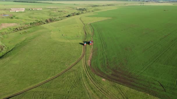 4K农业机械耕作农田的空中景观。一台特殊的机器牵引机喷出了未来作物的害虫 — 图库视频影像